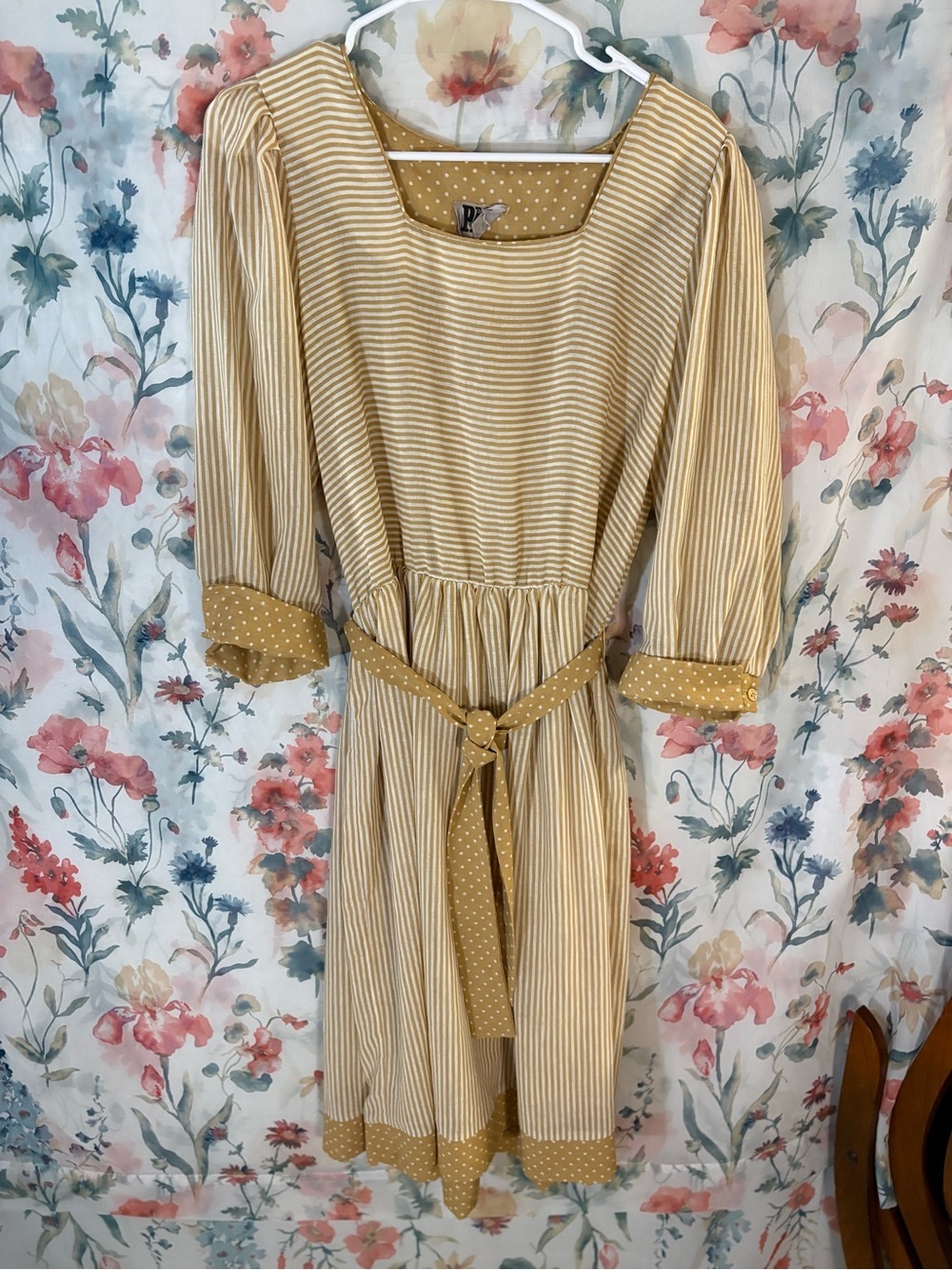 Vintage Womens Yellow Striped Midi Dress with Belt